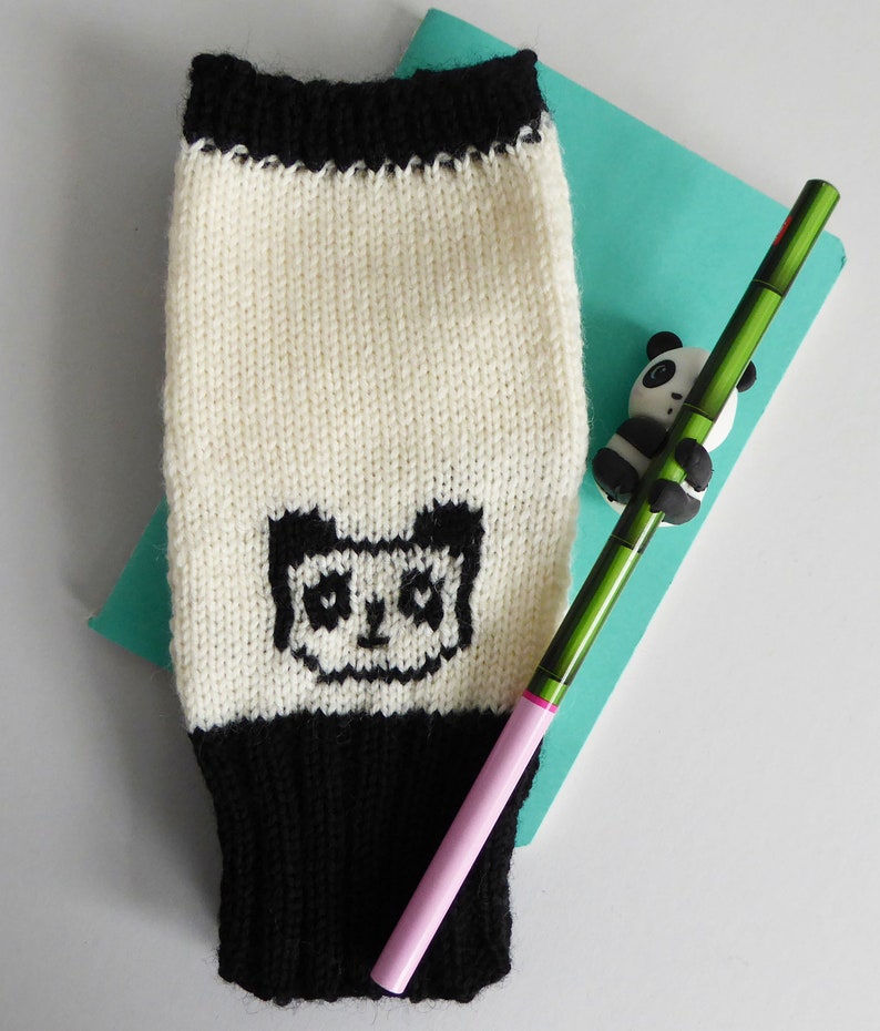 Panda merino wool knitted fingerless gloves, handmade wrist warmers in black and white with thumbs, cute bear mittens image 2