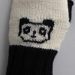 Panda merino wool knitted fingerless gloves, handmade wrist warmers in black and white with thumbs, cute bear mittens image 7