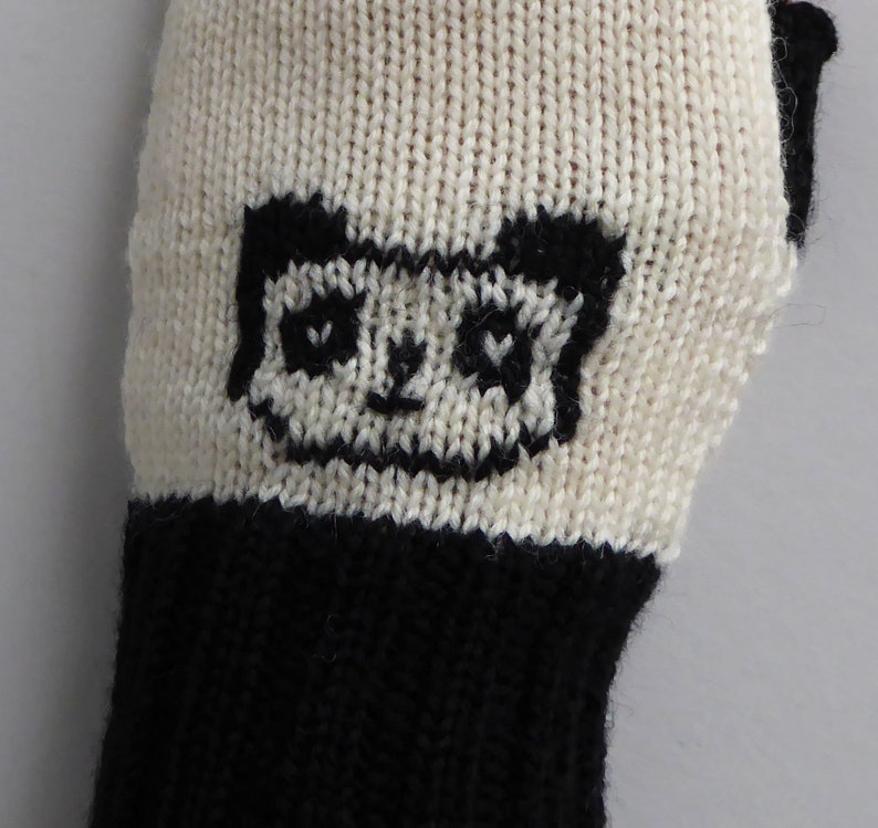 Panda merino wool knitted fingerless gloves, handmade wrist warmers in black and white with thumbs, cute bear mittens image 7