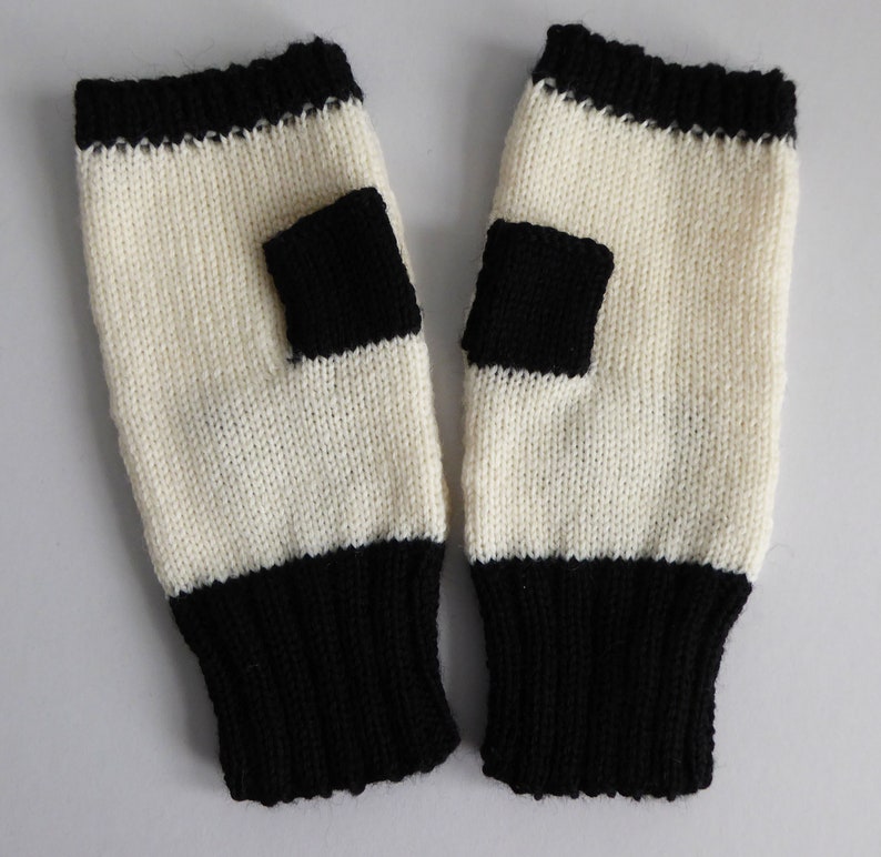 Panda merino wool knitted fingerless gloves, handmade wrist warmers in black and white with thumbs, cute bear mittens image 3