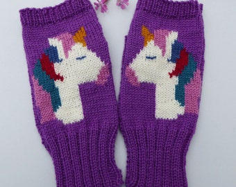 Unicorn fingerless gloves, knitted in violet merino wool, handmade wrist warmers colourful, fun and warm, a magical gift