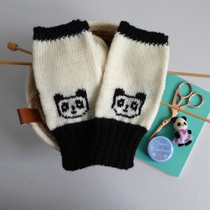 Panda merino wool knitted fingerless gloves, handmade wrist warmers in black and white with thumbs, cute bear mittens image 1