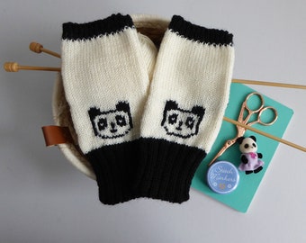 Panda merino wool knitted fingerless gloves, handmade wrist warmers in black and white with thumbs, cute bear mittens