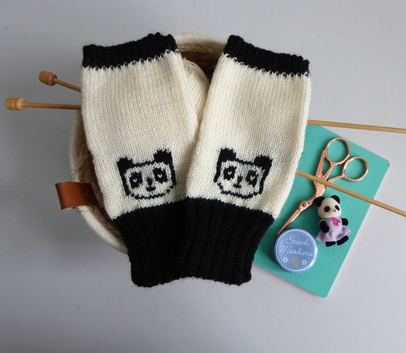 Panda merino wool knitted fingerless gloves, handmade wrist warmers in black and white with thumbs, cute bear mittens image 1