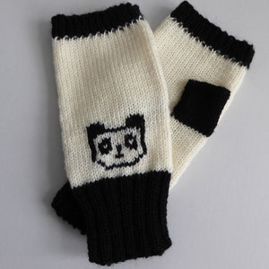 Panda merino wool knitted fingerless gloves, handmade wrist warmers in black and white with thumbs, cute bear mittens image 5