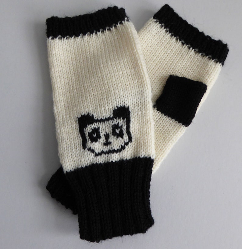 Panda merino wool knitted fingerless gloves, handmade wrist warmers in black and white with thumbs, cute bear mittens image 5