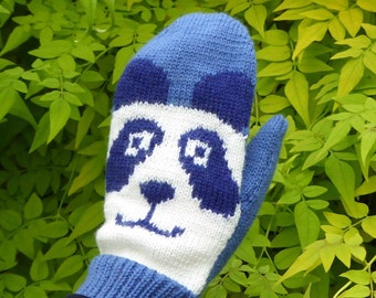 Panda mittens knitted in blue merino wool, handmade cute and warm panda gloves, fun bear hand warmers, gift for panda lover