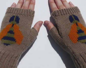 Bee merino wool knitted fingerless gloves, cosy wrist warmers, beige knit mittens for a nature lover