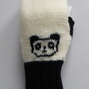 Panda merino wool knitted fingerless gloves, handmade wrist warmers in black and white with thumbs, cute bear mittens image 4