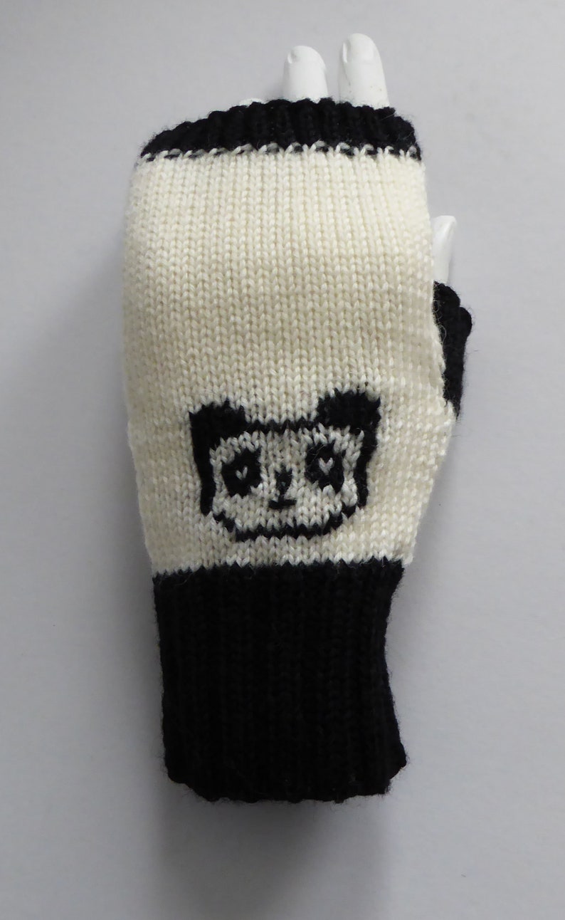 Panda merino wool knitted fingerless gloves, handmade wrist warmers in black and white with thumbs, cute bear mittens image 4