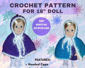 Hooded Cape Crochet Pattern for 18 inch doll - American Girl - Sparkling Trim - Quick and Easy