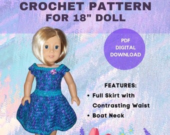 Dress Crochet Pattern for 18" doll - American Girl - Full Skirt - 1950's - Blue