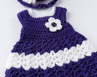 18" Doll Crochet Dress and Optional Hat - Easter Dress - Party Dress - White Dress - Purple Dress