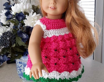 Crochet Watermelon Doll Clothes, Flared top, Shorts, and Hat for 18" Doll, American Girl doll, watermelon outfit, shorts, pink dress,
