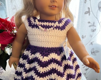 18” Doll Dress, PURPLE AND WHITE - Ripple Dress - Handcrafted Crocheted Dress