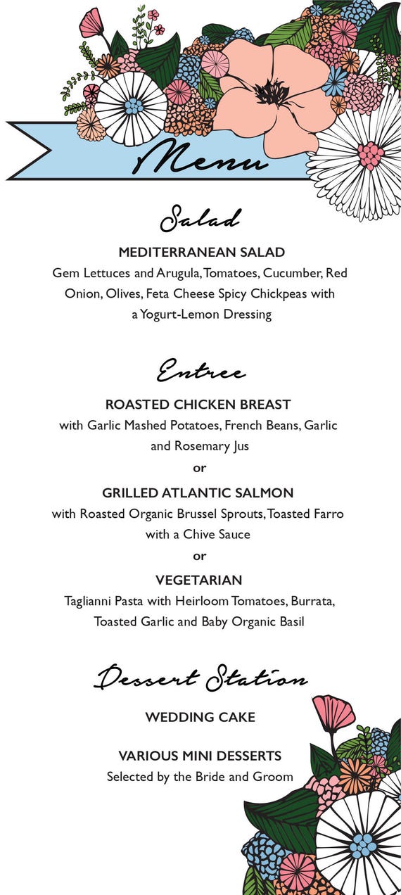 Summer Floral Wedding Reception Dinner Menu Printed Etsy