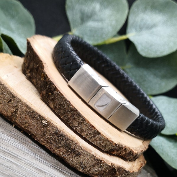 Unisex Bracelet for Inclusions in Stainless Steel (Brushed Effect) with Black Leather Strap - Cremation Ashes - Breast milk Keepsake