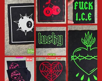 Handmade Black Canvas Patches Various Sizes & Designs - Eight Ball, Dice, Spiders