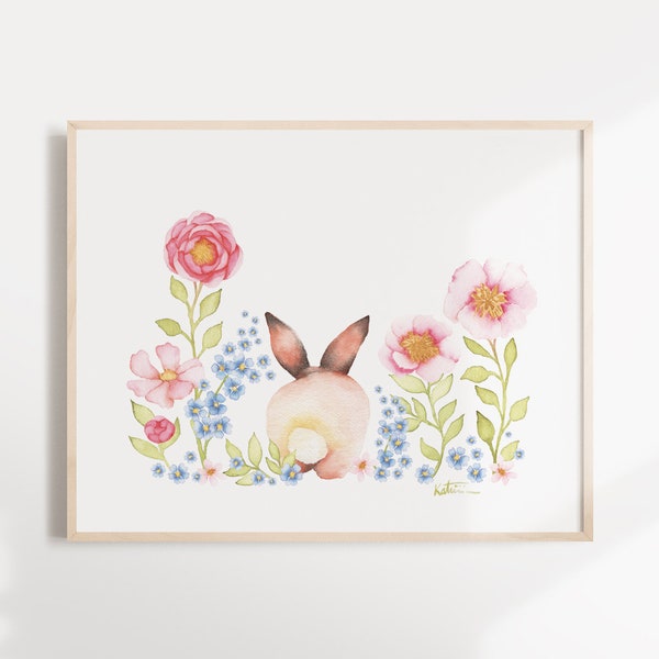 Rabbit poster from behind, animal illustration, watercolor flowers, cosmos peony pink, child decoration, baby girl room, Katrinn Pelletier