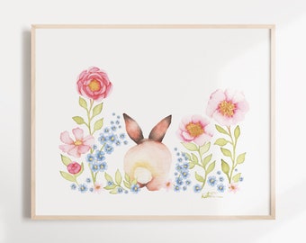 Rabbit poster from the back, animal illustration, watercolor flowers, pink peony cosmos, children's decoration, baby girl's room, Katrinn Pelletier