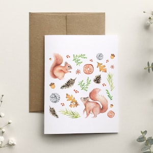 Carte de voeux écureuils, carte de souhait joyeux noël, illustration dessin aquarelle balle de laine, papeterie des fêtes, Katrinn Pelletier