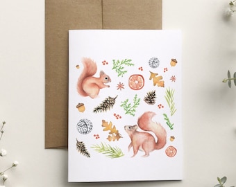 Carte de voeux écureuils, carte de souhait joyeux noël, illustration dessin aquarelle balle de laine, papeterie des fêtes, Katrinn Pelletier