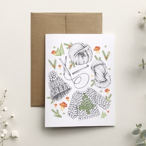 Carte de Noël tricots sapins champignons , illustration laine chandail tuque, carte de voeux des fêtes, papeterie, Québec, Katrinn Pelletier