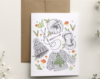 Christmas card knitted fir mushrooms, wool sweater toque illustration, holiday greeting card, stationery, Quebec, Katrinn Pelletier