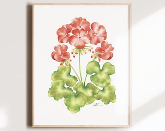 Geranium flower poster, floral illustration, botanical watercolor art, pastel drawing, women's gift, wall decoration, Katrinn Pelletier