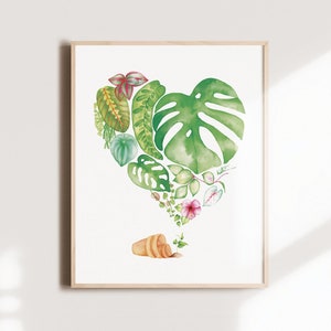 Houseplant heart poster, botanical leaf illustration, watercolor art, gift drawing, wall decoration, Katrinn Pelletier image 1