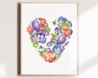 Spring flower heart poster, floral love illustration, botanical watercolor art, women's gift, wall decoration, Katrinn Pelletier