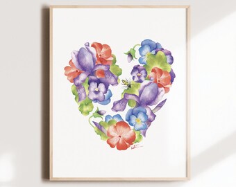 Spring flower heart poster, floral love illustration, botanical watercolor art, women's gift, wall decoration, Katrinn Pelletier