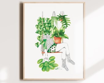 Affiche femme tricot passion plantes d'intérieur, illustration botanique, art aquarelle, dessin cadeau, décoration murale, Katrinn Pelletier