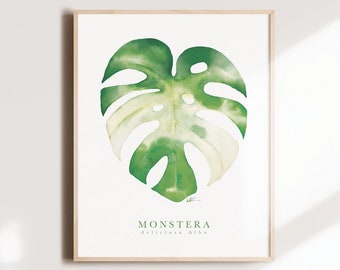 Affiche botanique Monstera Albo, illustration feuille plante d'intérieur, art aquarelle, plants lovers, décoration murale, Katrinn Pelletier