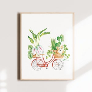 Affiche vélo plantes d'intérieur et chien, illustration petit Corgi , animal, art aquarelle, dessin, décoration murale, Katrinn Pelletier image 1