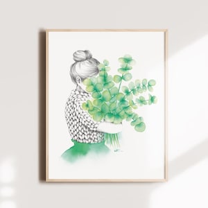 Affiche fille bouquet d'eucalyptus, illustration aquarelle tricot laine , art dessin , cadeau , décoration murale, Katrinn Pelletier image 1