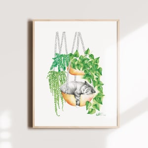 Sleeping cat poster, indoor plants, animal portrait illustration, kitten watercolor art, drawing, wall decoration, Katrinn Pelletier image 1