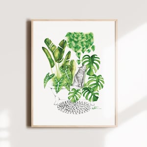 Cat poster, indoor jungle plants, botanical illustration, kitten watercolor art, gift drawing, wall decoration, Katrinn Pelletier image 1