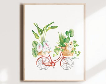 Indoor plants and dog bike poster, small Corgi illustration, animal, watercolor art, drawing, wall decoration, Katrinn Pelletier