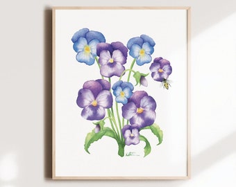 Pansies flower poster, floral illustration, botanical watercolor art, pastel drawing, women's gift, wall decoration, Katrinn Pelletier