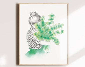 Affiche fille bouquet d'eucalyptus, illustration aquarelle tricot laine , art dessin , cadeau , décoration murale, Katrinn Pelletier