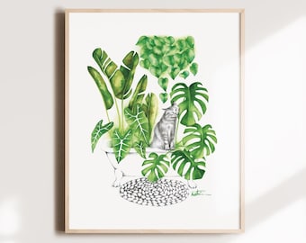 Cat poster, indoor jungle plants, botanical illustration, kitten watercolor art, gift drawing, wall decoration, Katrinn Pelletier