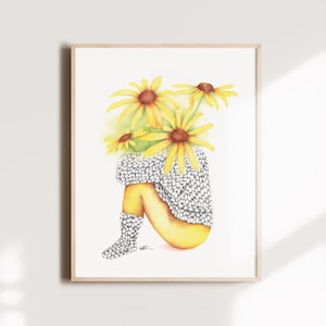 Yellow flower and wool woman poster, Rudbeckia floral illustration, watercolor art, gift drawing, wall decoration, Katrinn Pelletier
