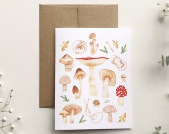 Carte de souhait champignons sauvages, carte de voeux tricot laine , art aquarelle pastel , dessin, anniversaire fête, Katrinn Pelletier