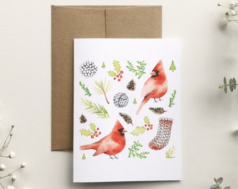 Cardinal greeting card, Merry Christmas wish card, watercolor drawing illustration knitting crochet pompom, stationery, Katrinn Pelletier