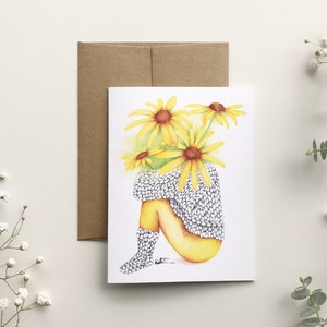 Carte de souhait femme bouquet Rudbeckia, carte de voeux florale tricot laine , art aquarelle , dessin, anniversaire fête, Katrinn Pelletier
