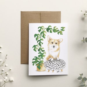 Corgi dog greeting card, animal portrait greeting card, botanical art drawing illustration, houseplant, Katrinn Pelletier