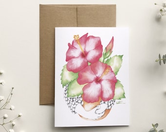 Carte de souhait fleurs hibiscus rose , carte de voeux florale aquarelle, illustration pot plante, dessin art botanique, Katrinn Pelletier