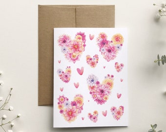 Valentine's Day greeting card hearts flowers, dahlia, love floral greeting card, I love you, watercolor art, women's gift, Katrinn Pelletier