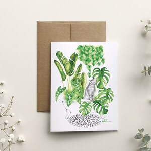 Carte de souhait chat, carte de voeux plantes jungle d'intérieur, illustration art botanique, anniversaire, Katrinn Pelletier